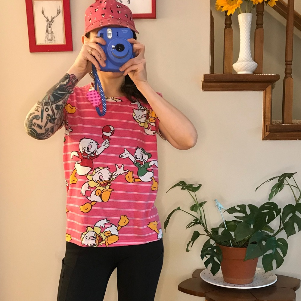 Cute soft 90s Disney Huey Dewey and Louie tee hot pink stripe